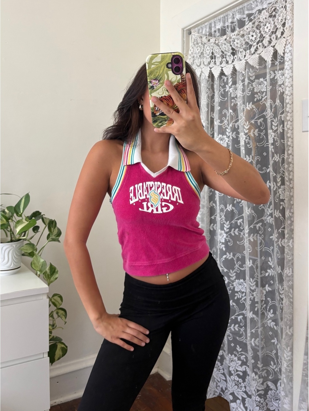 the cutesttt vintage 2000s y2k hot pink velour rainbow halter top